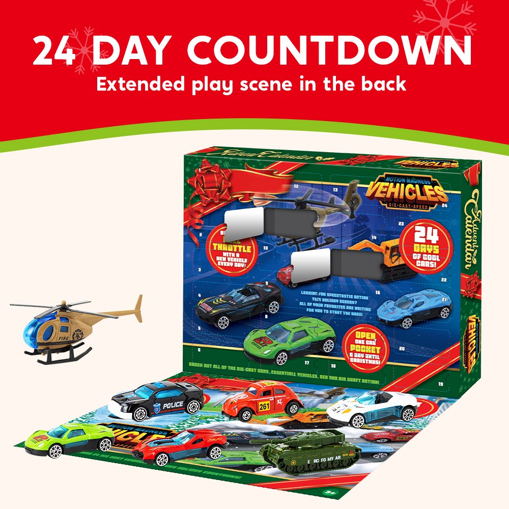 Countdown Calendar with 24 Tiny Car and Truck Toys in 1 to 64 Scale for Young Collectors