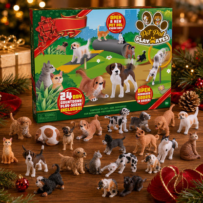 Pet Lover Advent Calendar with 24 Dog and Cat Figures and Printed Activity Mat
