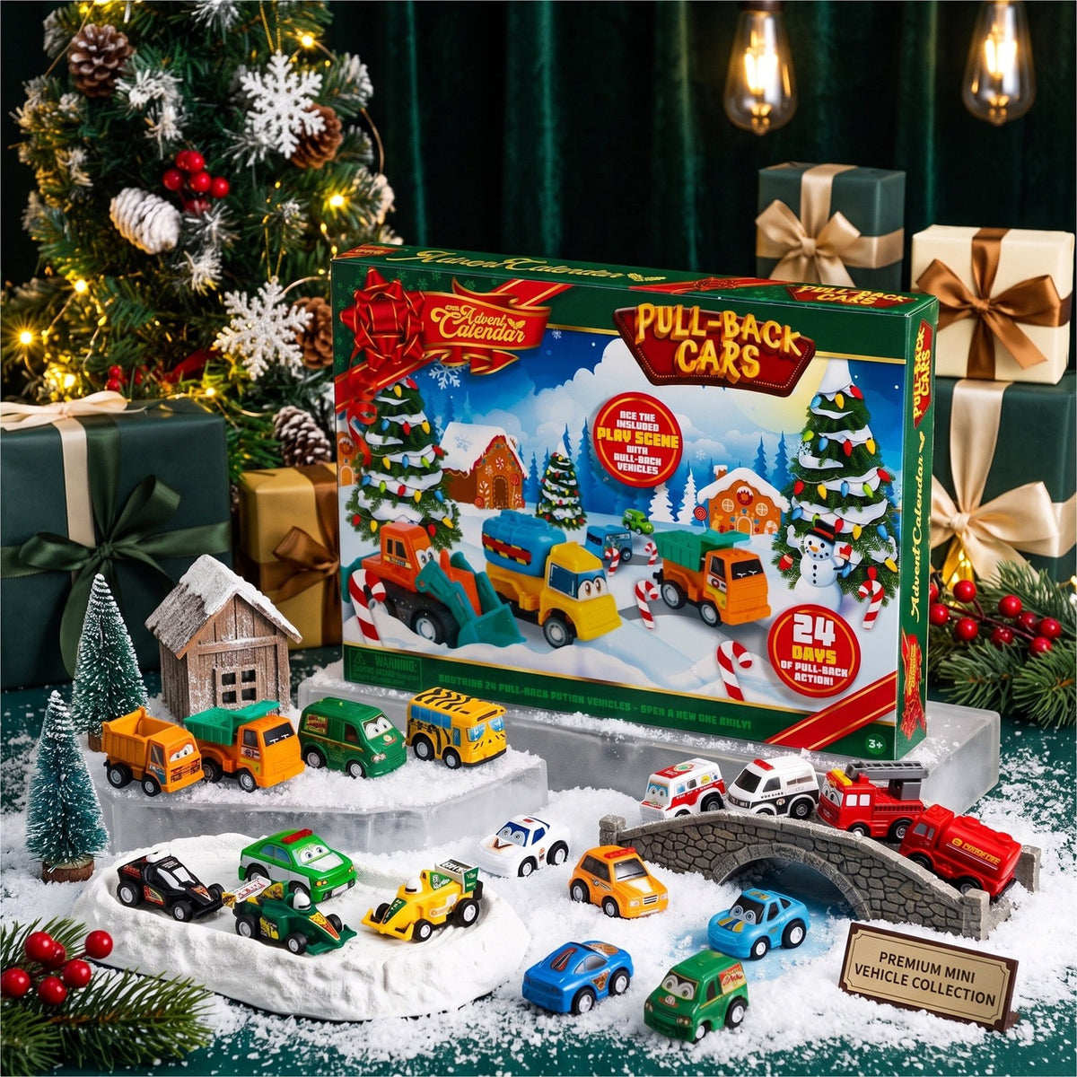24 Day Toy Car Countdown Calendar with Pull Back Racers and Police Cars