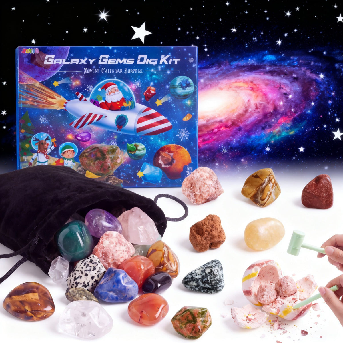 Crystal Geode Digging Countdown Calendar with Rock Hammer Chisel and Jewelry Pieces