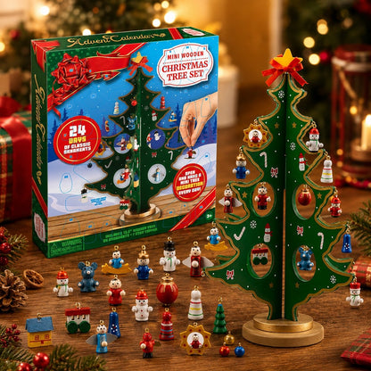 Miniature Wooden Christmas Tree with 24 Ornament Windows to Open and Hang Through December