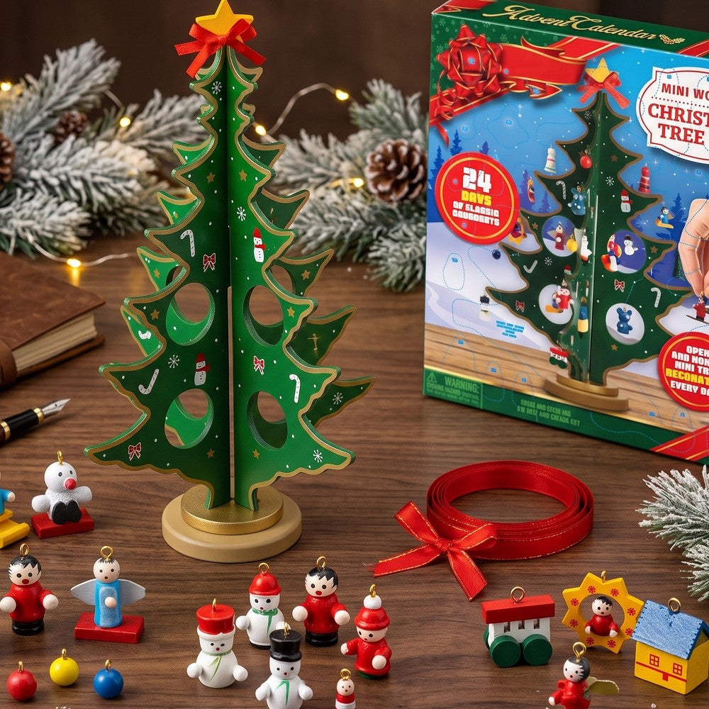 Miniature Wooden Christmas Tree with 24 Ornament Windows to Open and Hang Through December