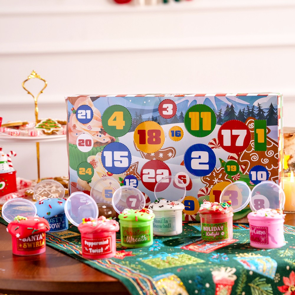Slime Advent Calendar with Eight Jars and Sixteen Charm and Sprinkle Packs for Holiday Mixing