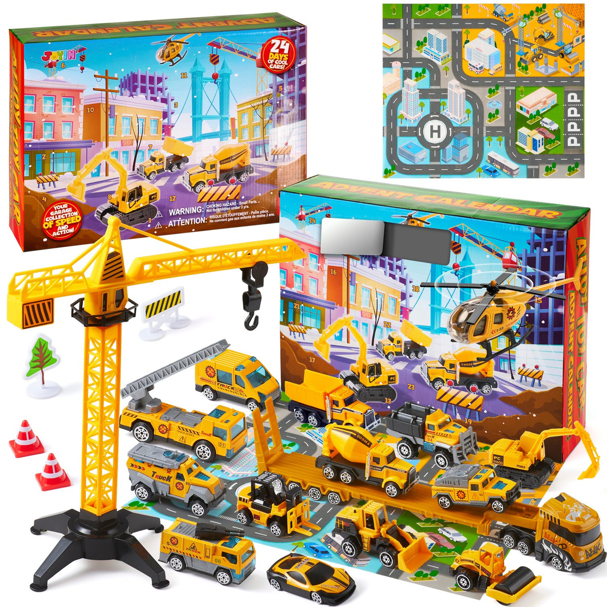 Christmas Countdown Calendar with Mini Construction Trucks and Foldable Road Play Mat