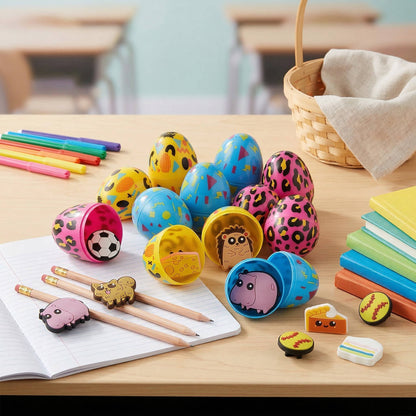 Plastic Easter Eggs with Pencil Charms 24 Pc, Kids Easter Egg Hunt Fillers School Prize Toys