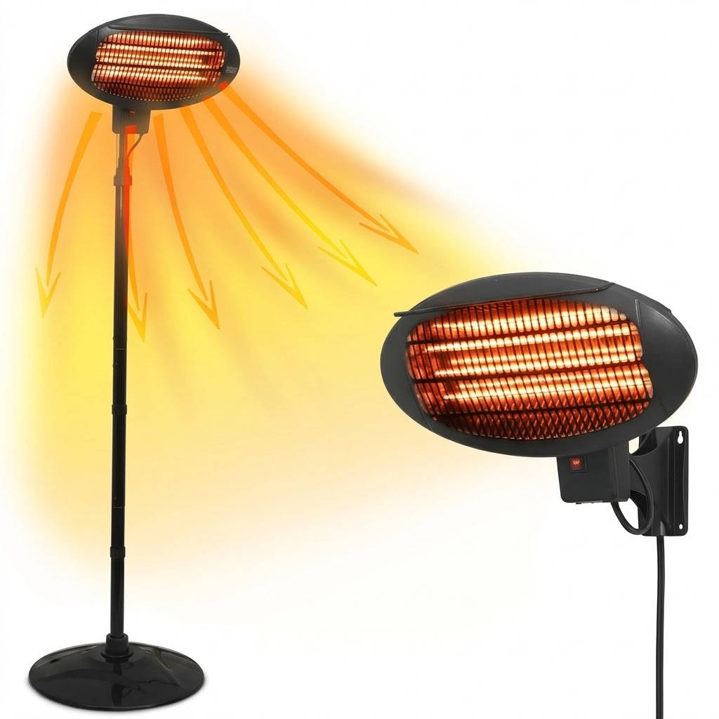 2000W Black Outdoor Patio Heater, Electric Freestanding Heater, 3 Heat Settings, Adjustable Height 1.3x2.0M