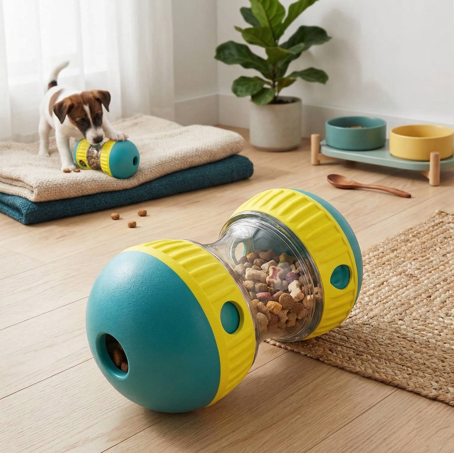 Adjustable Treat Dispensing Dog Toy, Puzzle & Enrichment, Tough Slow Feeder, Food Dispenser, Interactive Chase Toys for Small to Large Dogs