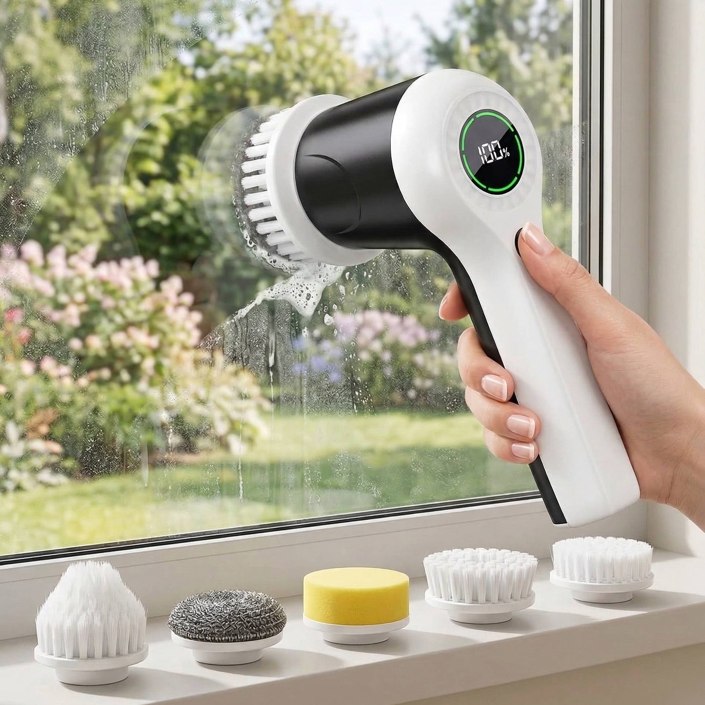 Cordless Electric Spin Scrubber with 2 Speeds & Battery Display, 6 Head Cleaning Brush for Bathroom, Sink & Window