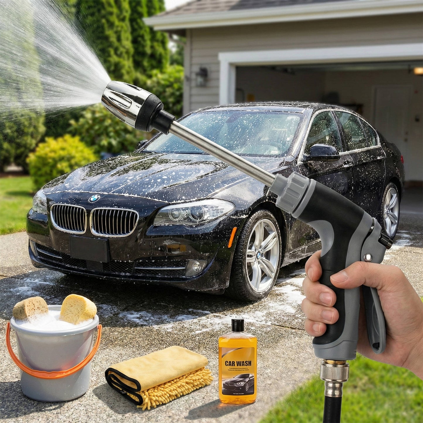 High Pressure Water Hose, Long Handle Garden Hose Nozzle for Car Wash & Household Cleaning, Stainless Steel & Universal 3/4" Fit