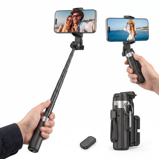 4 in 1 Selfie Stick, 360° Rotating Phone Holder with Wireless Bluetooth Remote, 25 Inch Extendable Tripod