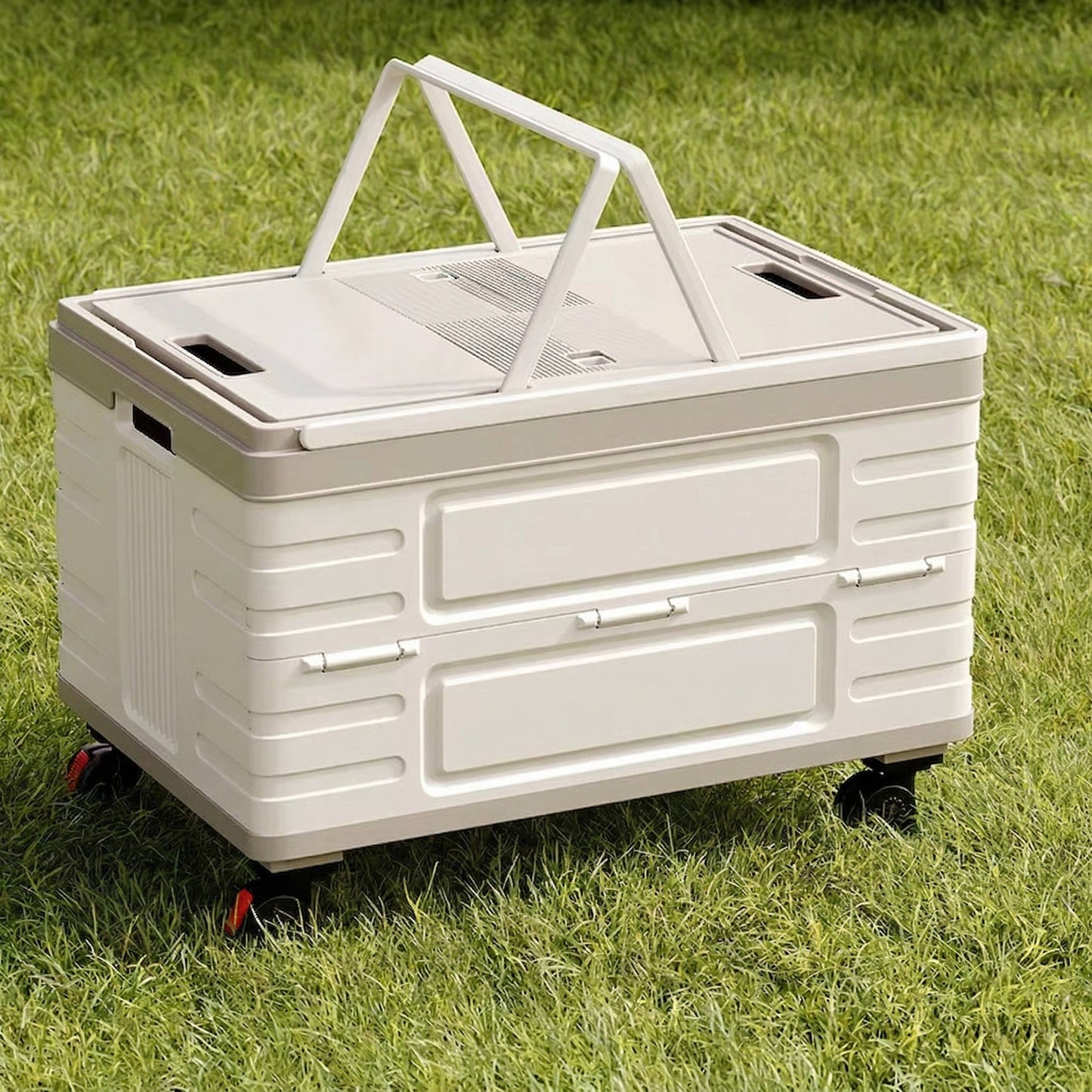 Portable Collapsible Outdoor Storage Box for Camping, Picnic & Garden, Foldable Rolling Cart with 360° Wheels & Wood Lid