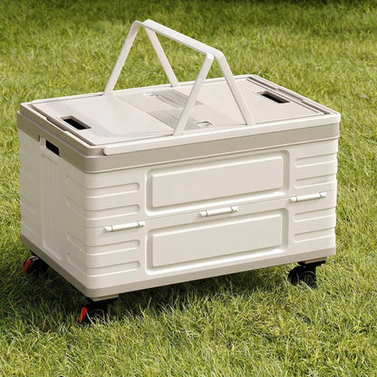 Portable Collapsible Outdoor Storage Box for Camping, Picnic & Garden, Foldable Rolling Cart with 360° Wheels & Wood Lid