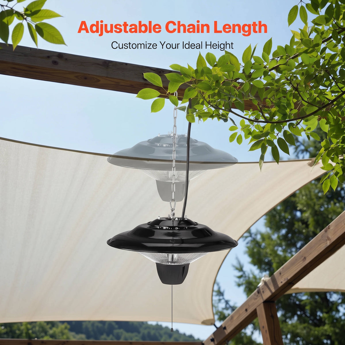 Hanging Patio Heater, 1500W Electric Infrared Heater, IP34 Protection, Adjustable Chain & Pull Cord for Indoor & Outdoor Use