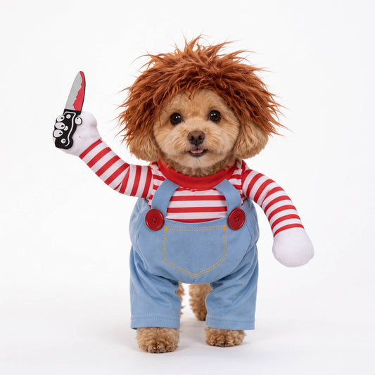 Scary Doll Dog Costume, Walking Illusion Halloween Pet Outfit with Wig and Prop Toy Knife for Trick or Treating