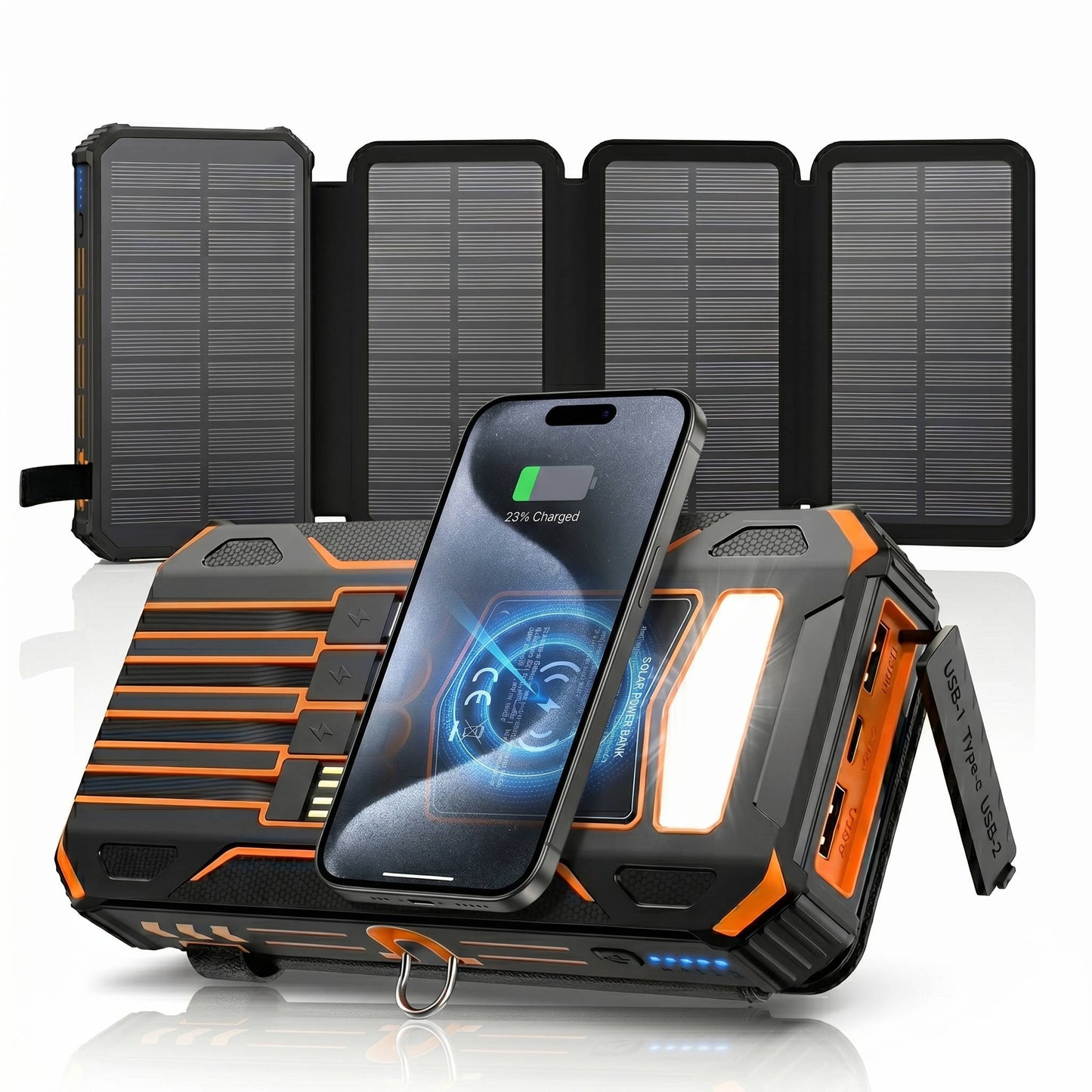 48000mAh Solar Power Bank Wireless Charger, 15W Fast Charging Battery Pack with 4 Built in Cables 7 Outputs USB C Flashlight