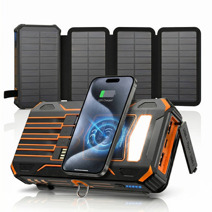 48000mAh Solar Power Bank Wireless Charger, 15W Fast Charging Battery Pack with 4 Built in Cables 7 Outputs USB C Flashlight