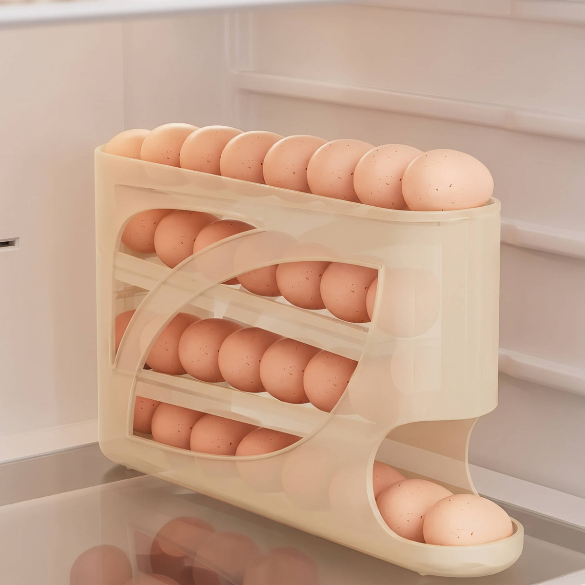 Large Capacity Egg Organizer, Stackable Rolling Storage Tray for Refrigerator, Kitchen Fridge Side Door Space Saving Rack