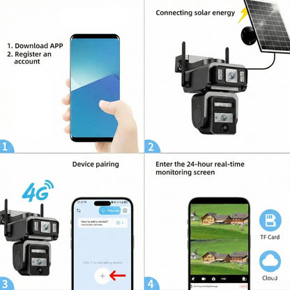 Outdoor Solar CCTV Security Camera with Automatic Tracking, Dual Lens Wireless Security System, 1080P HD, Two Way Audio & IP66 Waterproof