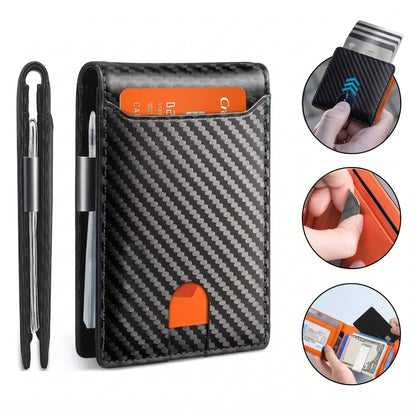 Mens Carbon Fiber Bifold Card Holder Wallet, Ultra Thin RFID Blocking Money Clip with Multiple Card Slots