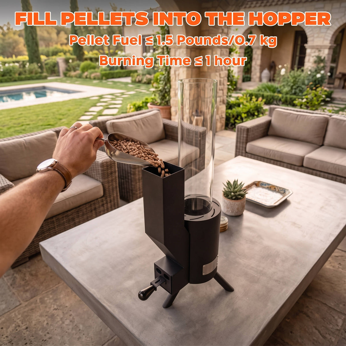 Tabletop Wood Pellet Heater, Glass Tube Portable Patio Heater, Modern Outdoor Heating for Tabletops
