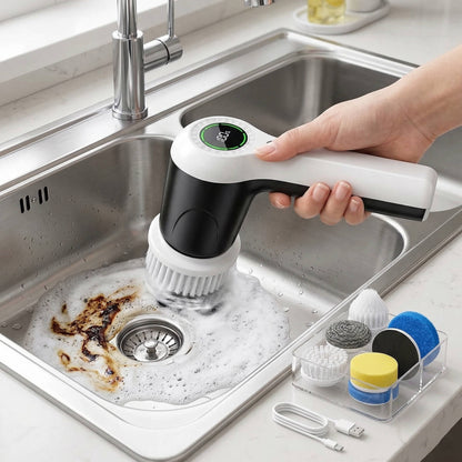 Cordless Electric Spin Scrubber with 2 Speeds & Battery Display, 6 Head Cleaning Brush for Bathroom, Sink & Window