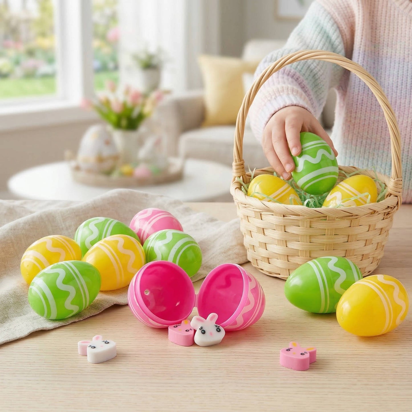 Mini Plastic Easter Eggs with Rubber Erasers 48 Pc Set, Colorful Easter Egg Hunt Fillers for Kids Party Favors