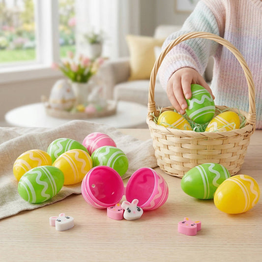 Mini Plastic Easter Eggs with Rubber Erasers 48 Pc Set, Colorful Easter Egg Hunt Fillers for Kids Party Favors