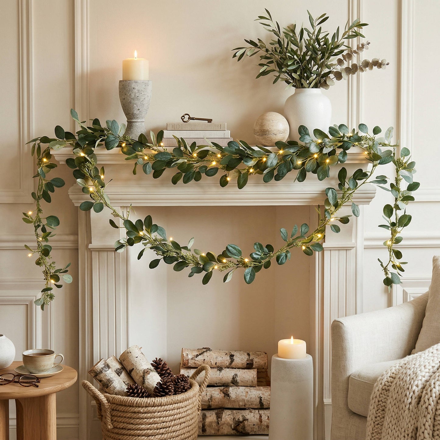 Enchanted Olive Glow Garland, Eucalyptus Fairy Light Mantel Decoration for Fireplace & Holiday Decor