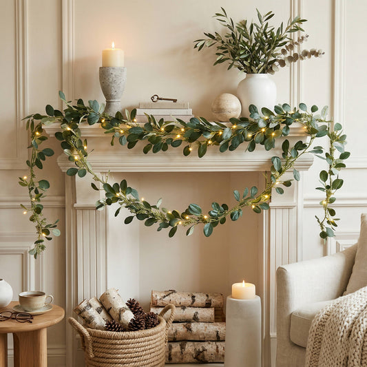 Enchanted Olive Glow Garland, Eucalyptus Fairy Light Mantel Decoration for Fireplace & Holiday Decor