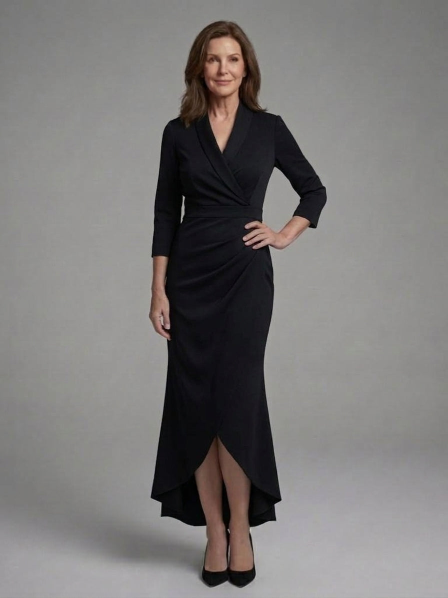 Long Sleeve Midi Dress with Figure Skimming Cut and Fluid Drape