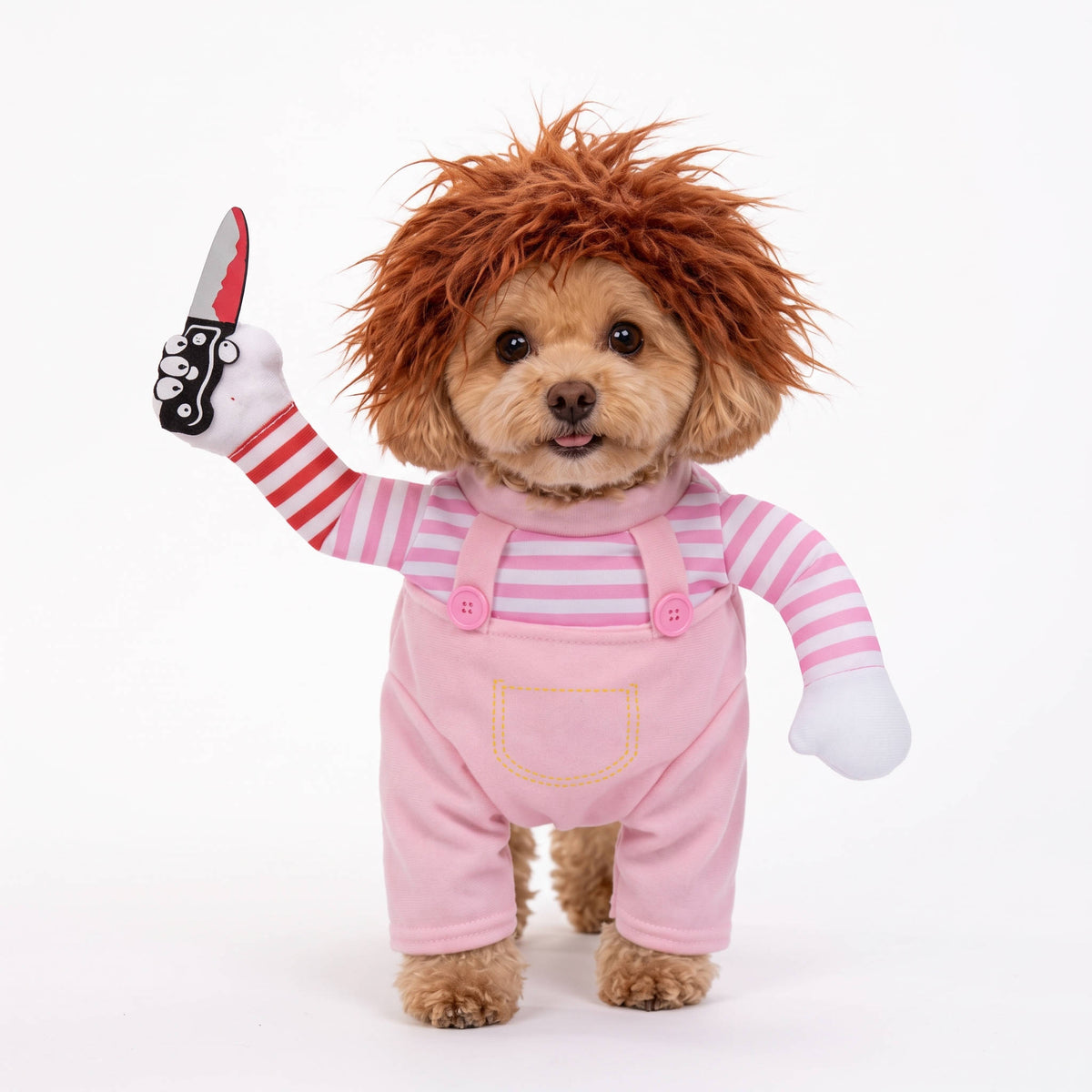 Scary Doll Dog Costume, Walking Illusion Halloween Pet Outfit with Wig and Prop Toy Knife for Trick or Treating