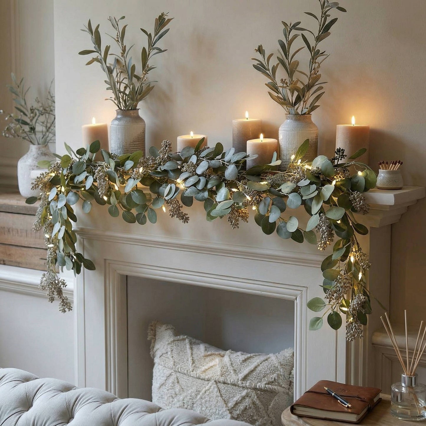 Enchanted Olive Glow Garland, Eucalyptus Fairy Light Mantel Decoration for Fireplace & Holiday Decor