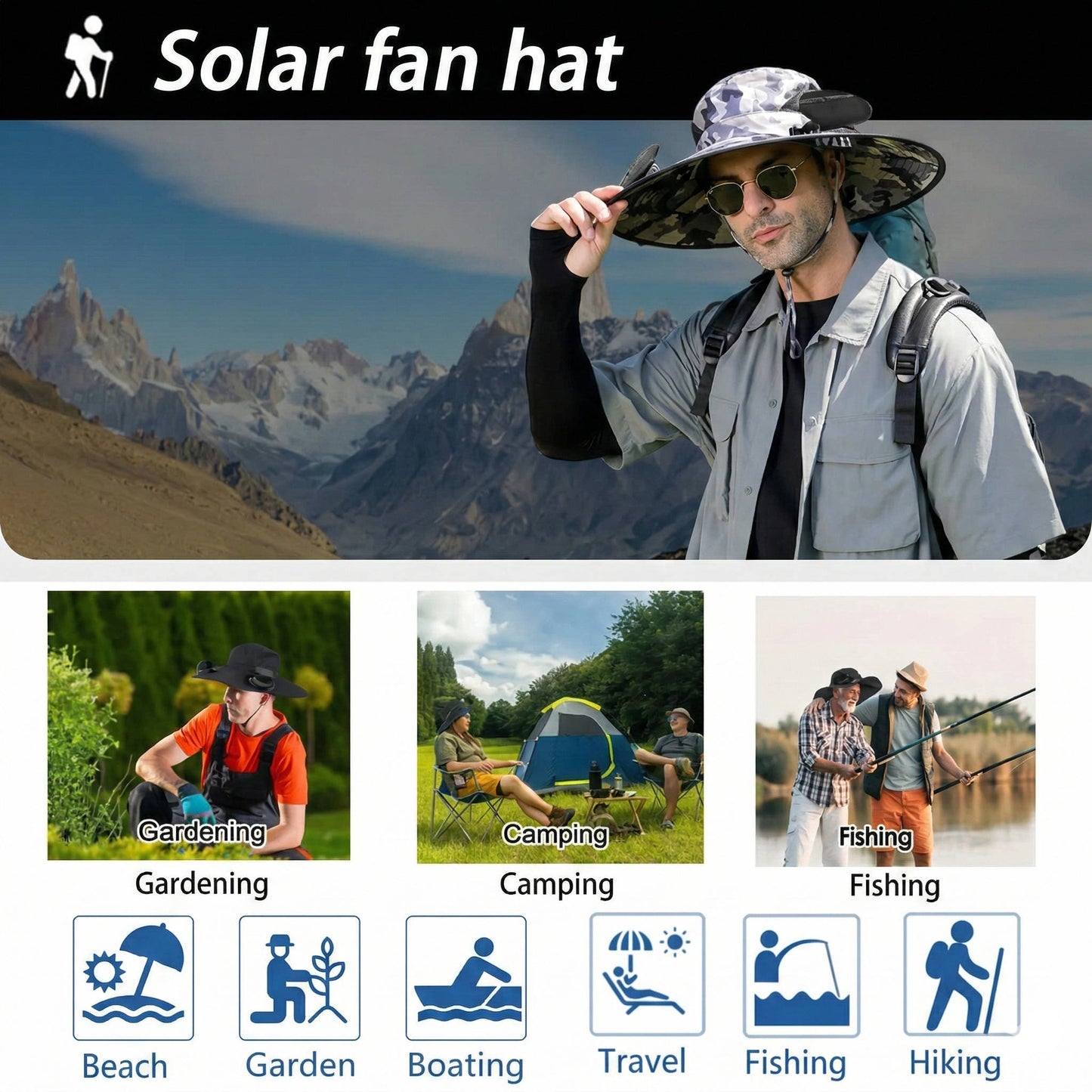 Outdoor Wide Brim Sun Hat with 2 Solar Fans, UV Protection for Men & Women, Cooling Hat for Camping & Hiking