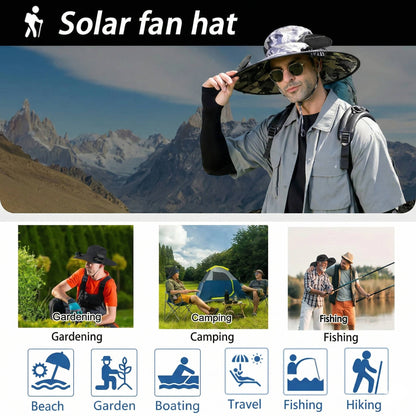 Outdoor Wide Brim Sun Hat with 2 Solar Fans, UV Protection for Men & Women, Cooling Hat for Camping & Hiking
