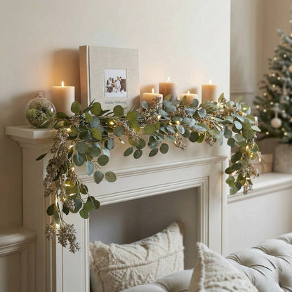 Enchanted Olive Glow Garland, Eucalyptus Fairy Light Mantel Decoration for Fireplace & Holiday Decor