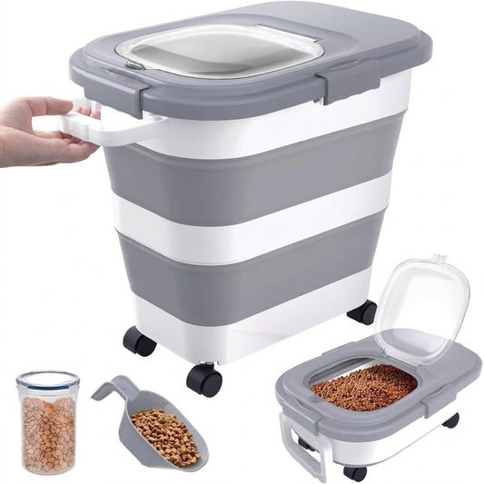 23 to 25lbs Airtight Pet Food Storage Container, Collapsible Dog and Cat Food Bin with Wheels, Scoop and Lid