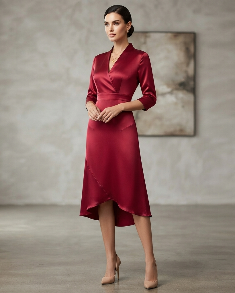 Long Sleeve Midi Dress with Figure Skimming Cut and Fluid Drape