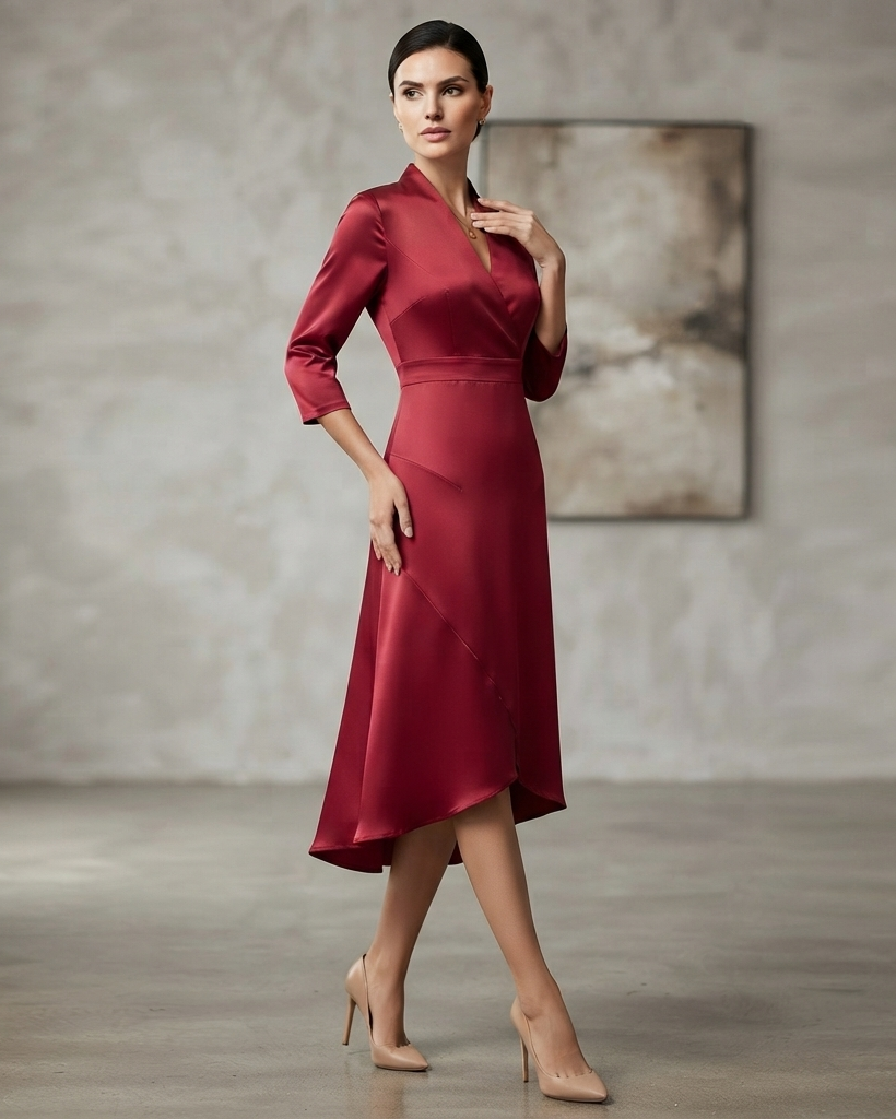 Long Sleeve Midi Dress with Figure Skimming Cut and Fluid Drape