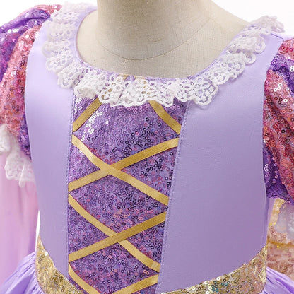 Girls Ball Gown Dress with Puff Sleeves and Applique Details