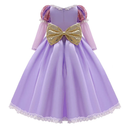 Girls Ball Gown Dress with Puff Sleeves and Applique Details