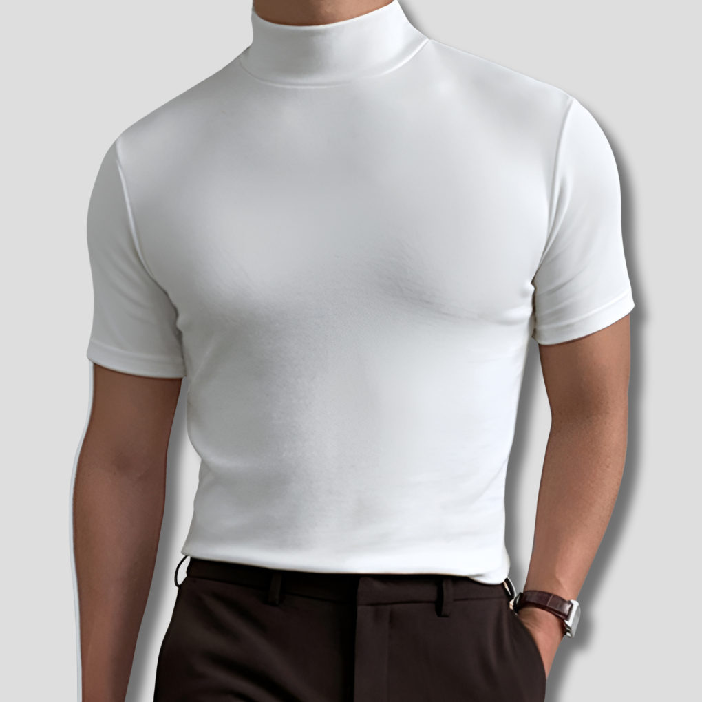 Men's Short Sleeve Turtleneck Shirt with Twill Fabric and Pullover Design
