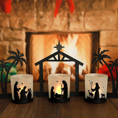 Metal Nativity Scene Display with LED Tealights and Glass Cups, 3-Piece Set