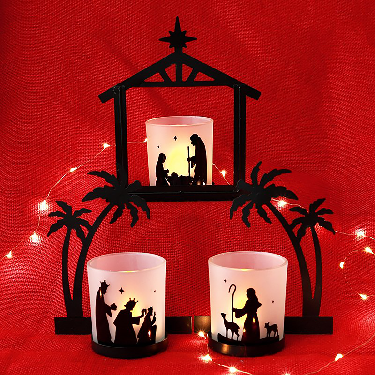 Metal Nativity Scene Display with LED Tealights and Glass Cups, 3-Piece Set