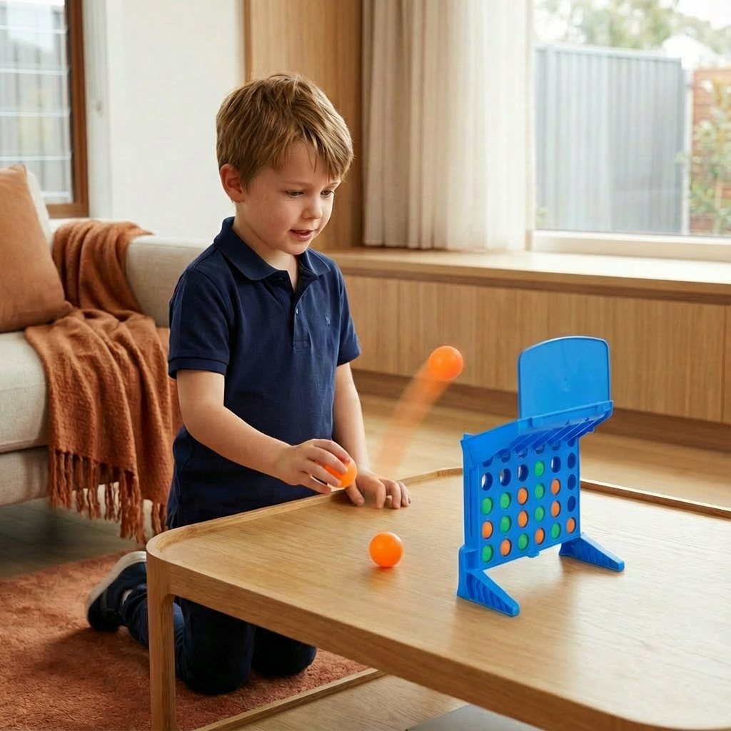 Bouncing Ball Target Game for Lining Up Four in a Row with a Foldable Grid and Carrying Case