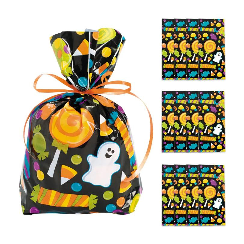 Black Halloween Treat Bags with Ghost and Candy Print Pack of 12 for Classroom Parties and Handouts