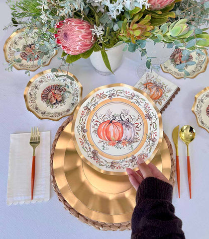 Disposable Paper Plates with Turkey and Pumpkin Design for Thanksgiving Dining