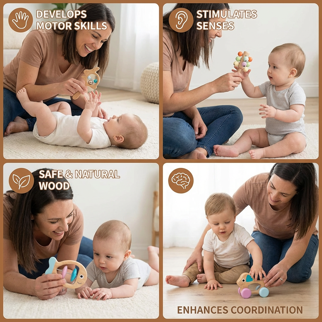 Wooden Baby Gift Set with Rattle and Musical Toys for Newborns