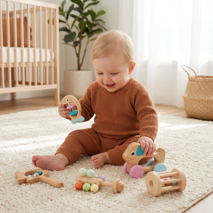 Wooden Baby Gift Set with Rattle and Musical Toys for Newborns