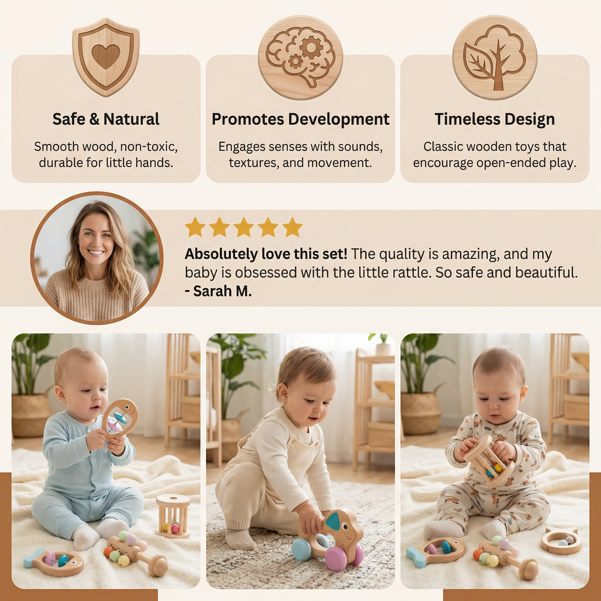 Wooden Baby Gift Set with Rattle and Musical Toys for Newborns