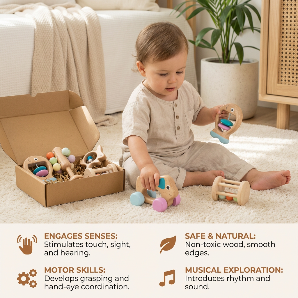 Wooden Baby Gift Set with Rattle and Musical Toys for Newborns